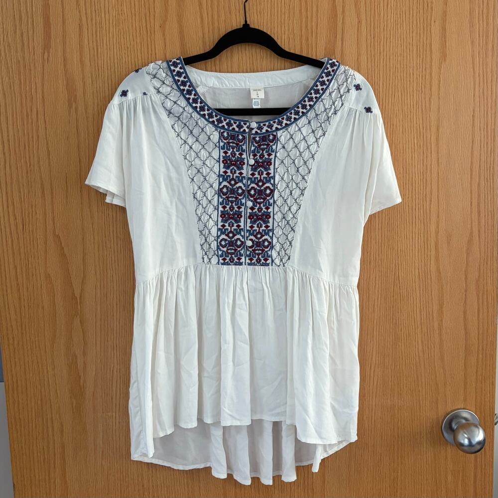 Volcom Embroidered Peasant Blouse Flutter Sleeve Boho, Festival, Ren Faire LG